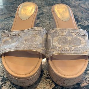 Coach Gold/ Silver Logo Fabric Cork Wedge 8B